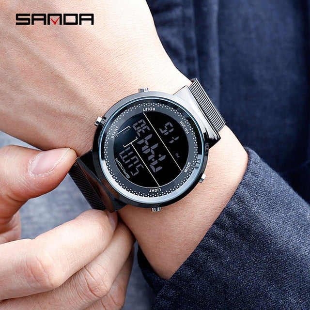 Sanda Stainless Steel Mesh Men Watch LED Digital Women Watches Calendar Alarm Chronograph Couple Wristwatches 383G/384L