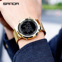 Load image into Gallery viewer, Sanda Stainless Steel Mesh Men Watch LED Digital Women Watches Calendar Alarm Chronograph Couple Wristwatches 383G/384L