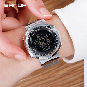 Sanda Stainless Steel Mesh Men Watch LED Digital Women Watches Calendar Alarm Chronograph Couple Wristwatches 383G/384L