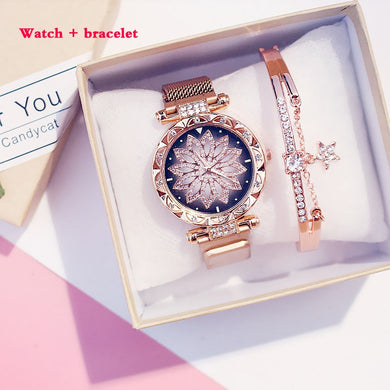 Women Mesh Magnet Buckle Lucky Flower Watches + bracelet set Luxury Ladies Rhinestone Quartz Watch Starry sky Relogio Feminino