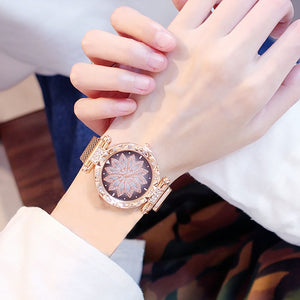 Women Mesh Magnet Buckle Lucky Flower Watches + bracelet set Luxury Ladies Rhinestone Quartz Watch Starry sky Relogio Feminino