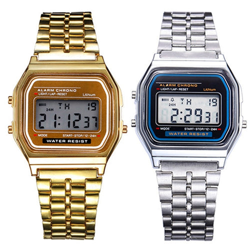 Fashion Men Women LED Digital Watch Clock Gold Silver Vintage Full Stainless Steel Sport Military Wristwatches Relogio Masculino